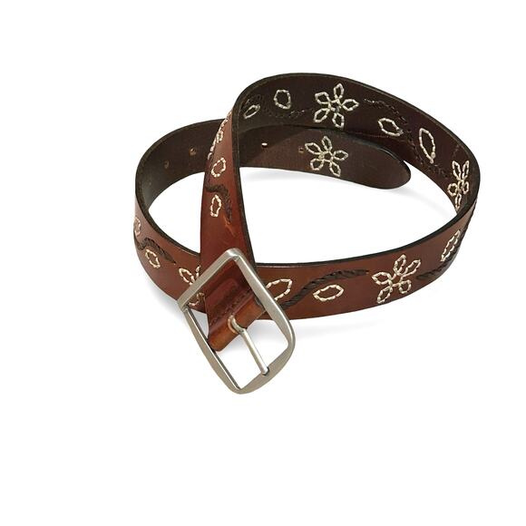 VTG 90s Nordstrom Handmade Leather Floral Stitched Belt Brown Sz M main image 8